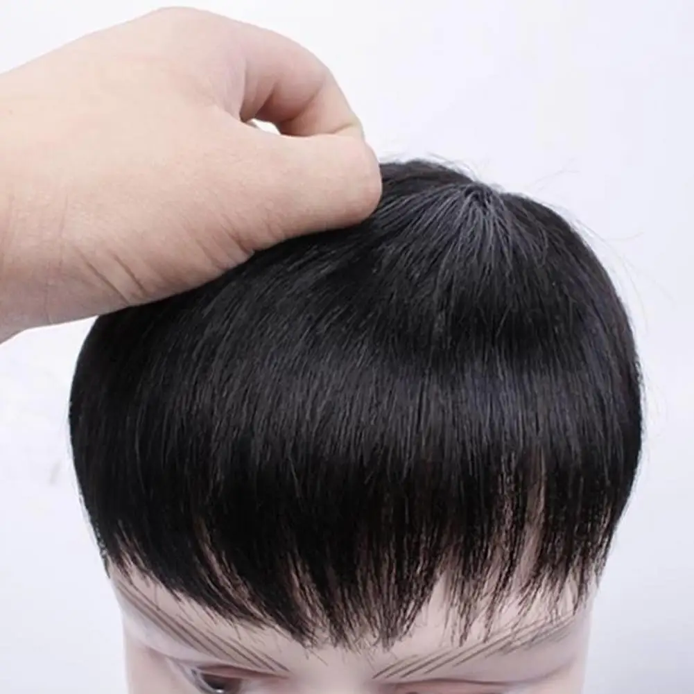 Men Short Straight Hairpiece with Bangs BaldSpots Gray Hair Coverage High Temperature Fiber Male Black Synthetic Hair Wig