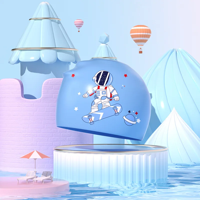 قبعة سباحة من السيليكون بطباعة كرتونية للأطفال ، حماية أذن مضادة للماء ، مطلية ، للأولاد والبنات