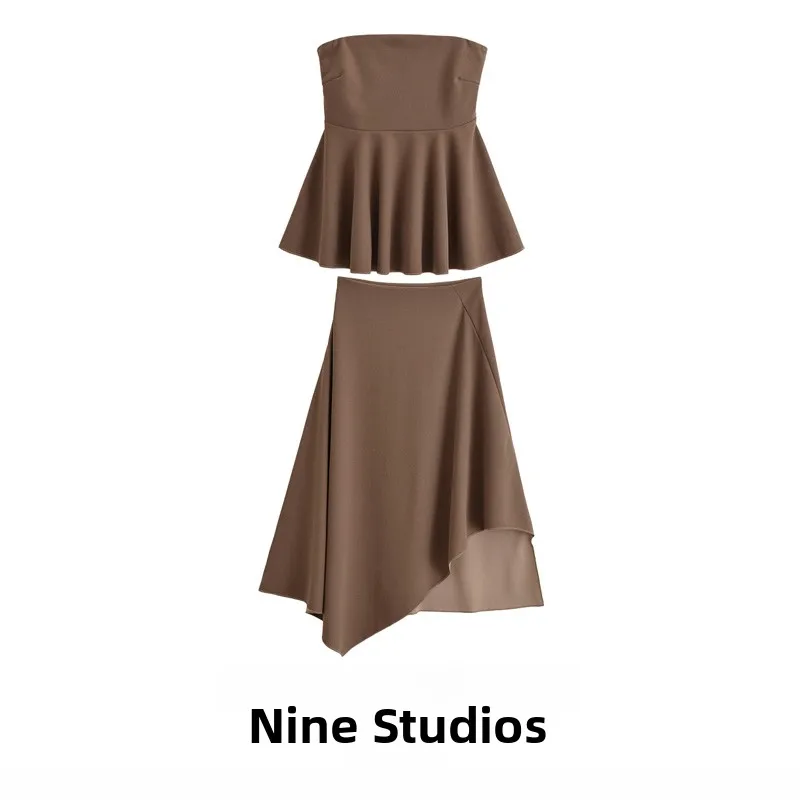 

Nine Za Women's Asymmetrical Midi Skirt Crop Top Set ort Sve round Ne Pullover Faion Ensemble Chest Wrap Design