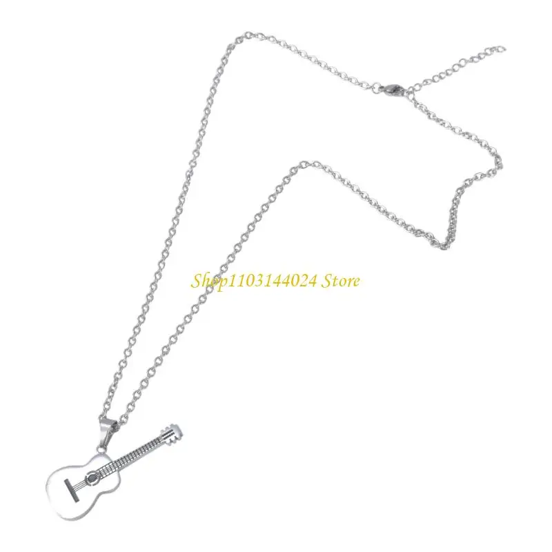 N5KE Guitar Musical Necklace Pendant Stainless Steel Jewellery Black/Gold/Silver