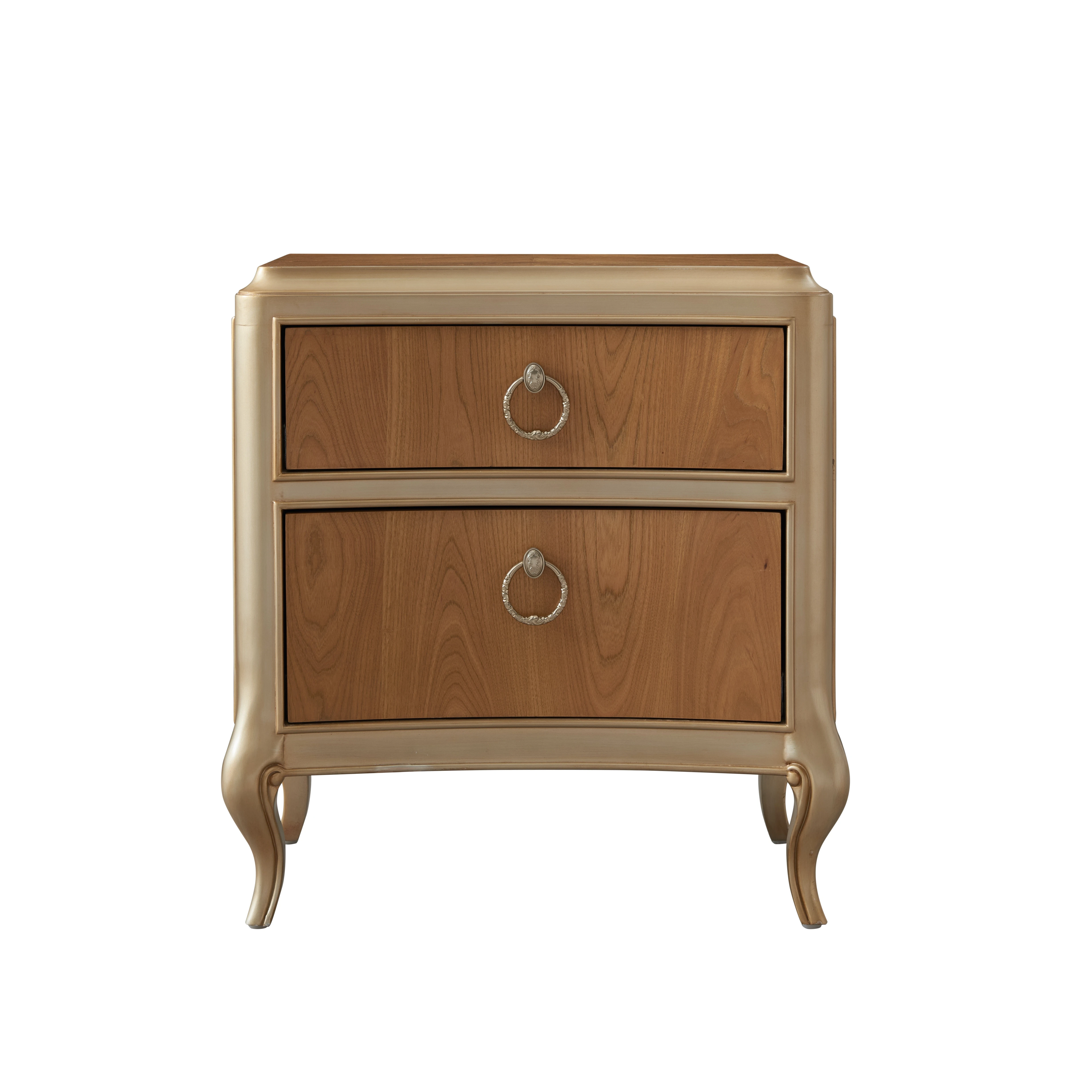 French Style Contemporary Solid Wood Champagne Gold Elm Veneer Retro Distressed Open Paint Nightstand for Bedroom Furniture