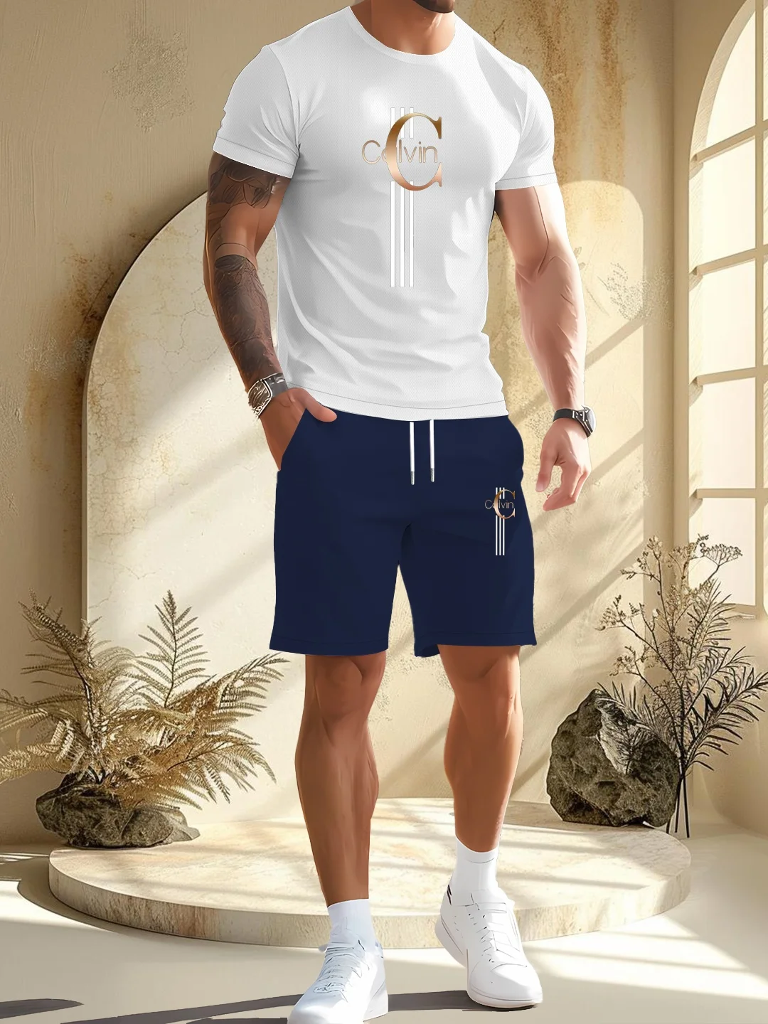 

Men's Summer Fashionable Casual Loose Fit T-Shirt And Shorts Set Letter Print round Neck Short Sleeve Two-Piece Outfit