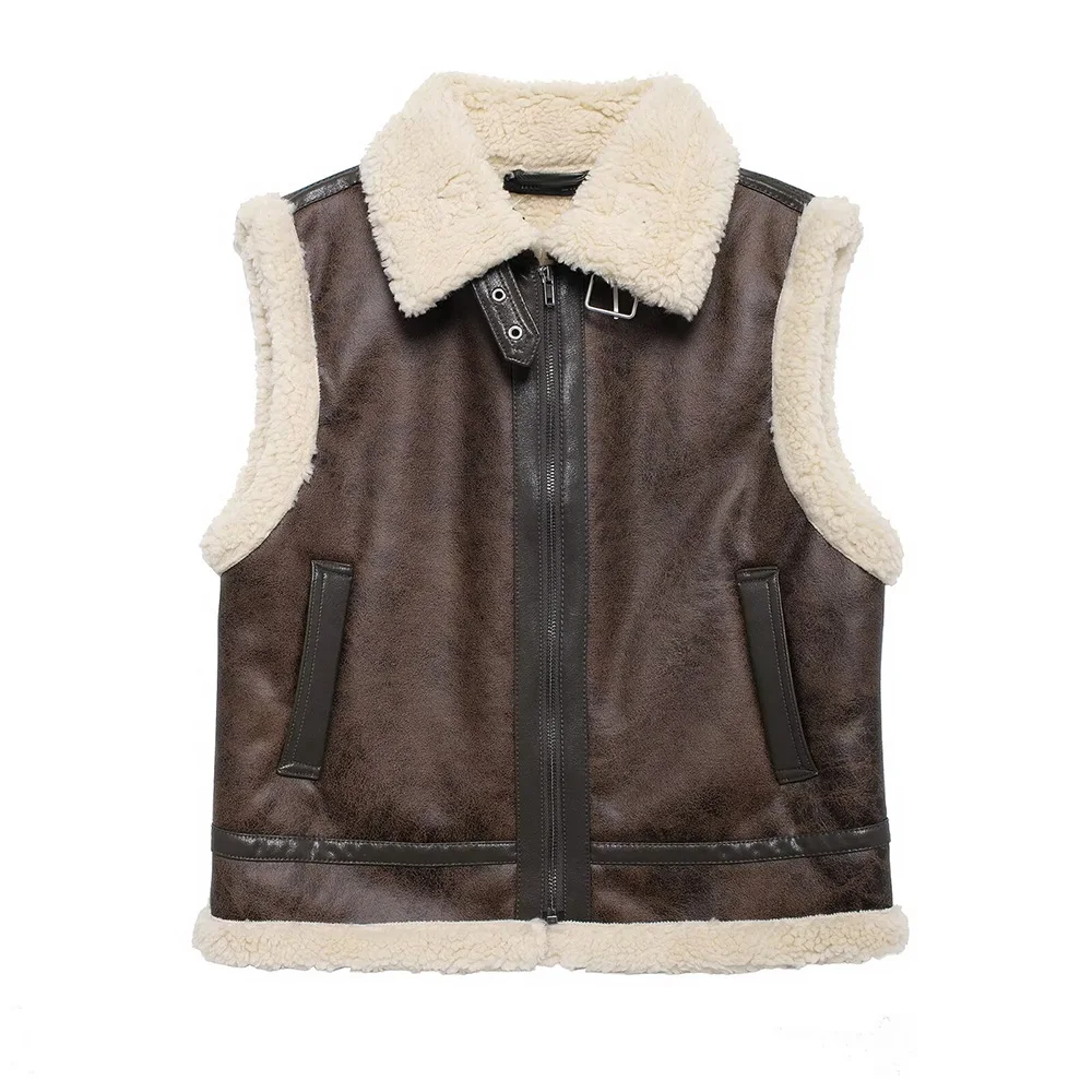 PB&ZA Women Teddy Fleece Lined Vest Coat, Vintage Long Sleeve Outerwear, Casual Chic Female Overshirt, New Fashion, Winter, 2024