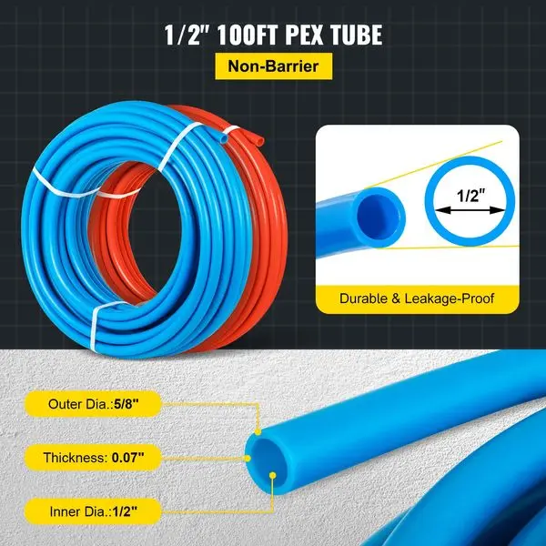 VEVOR PEX Tubing Pipe 2 Rolls of 1/2 Inch X 100 Feet PEX Tubing Non Oxygen Barrier Radiant Floor PEX Pipe Radiant Heat Floor Hea