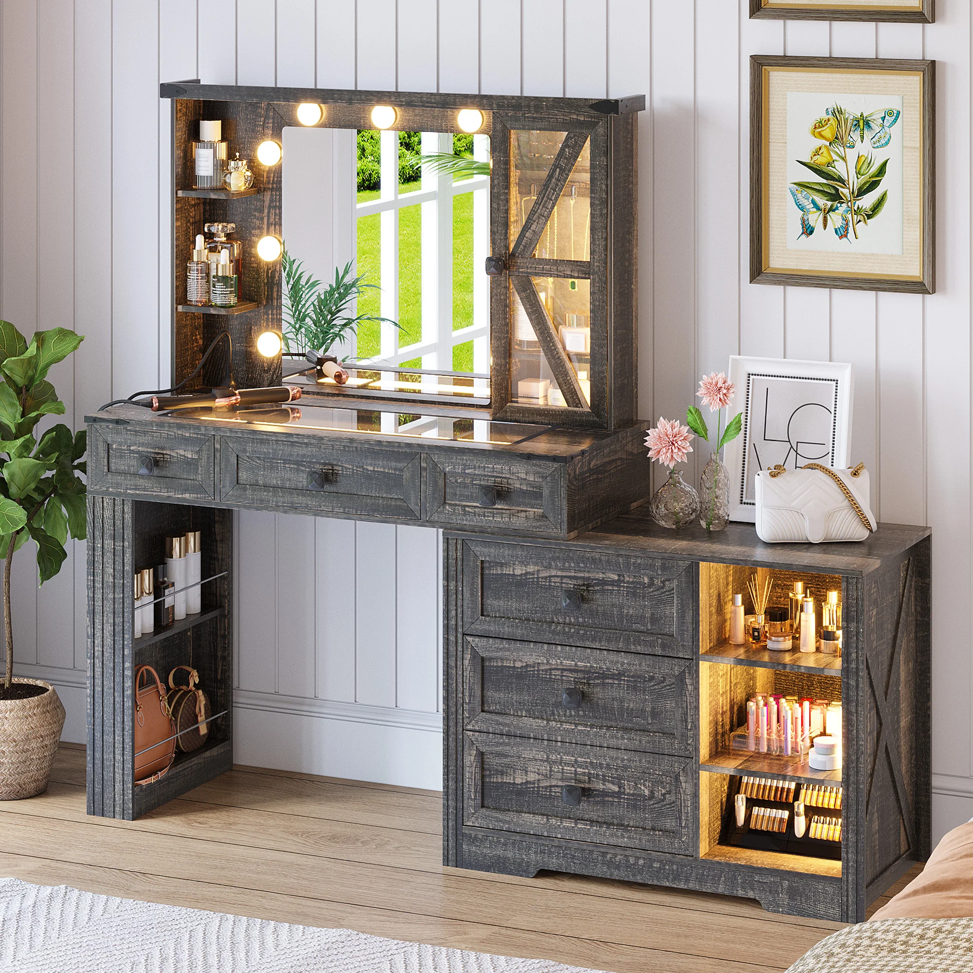 JDPAG Farmhouse Vanity Desk Set with Mirror and Lights, Makeup Vanity Table with 6 Drawers/Large Storage