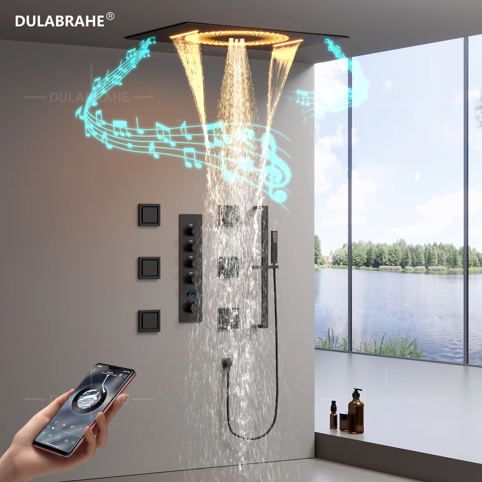 

DULABRAHE 2024, новинка, 600*400 мм, музыкальный холодный и горячий цифровой дисплей, светодиодная душевая система с дождевой системой, 4 функции, набор смесителей для душа
