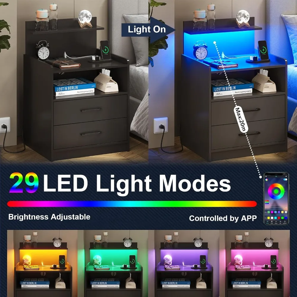 LED bedside cabinet with charging station, bedside table with two drawers and open storage, with USB interface socket, black