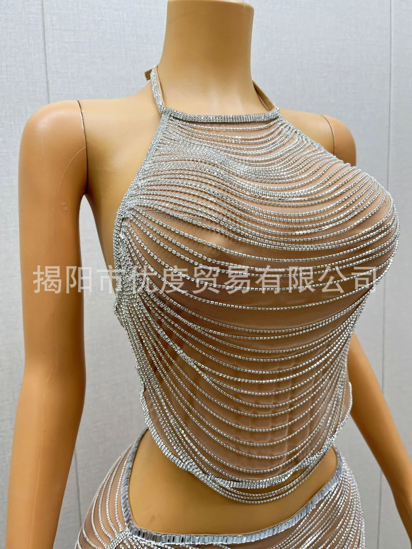 الصناعة الثقيلة الماس سلسلة الرقبة الرسن السراويل مقسمة إلى فستان من قطعتين كوكتيل أداء حفلة البطن جيب Partykleider #4