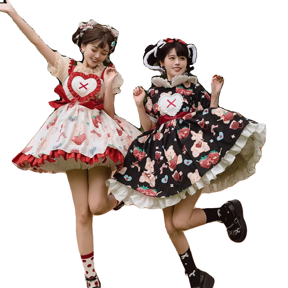 SOIOMES diseño Original dulce fresa oso impreso Lolita muñeca cuello borde con volantes JSK vestido de tirantes verano