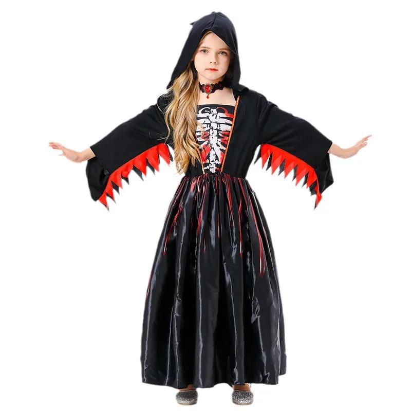 Halloween Kids Heks Skelet Kostuum Cosplay Meisjes Prinsessenjurken Met Ketting Skull Party Outfit Carnaval Tovenaar Rollenspel