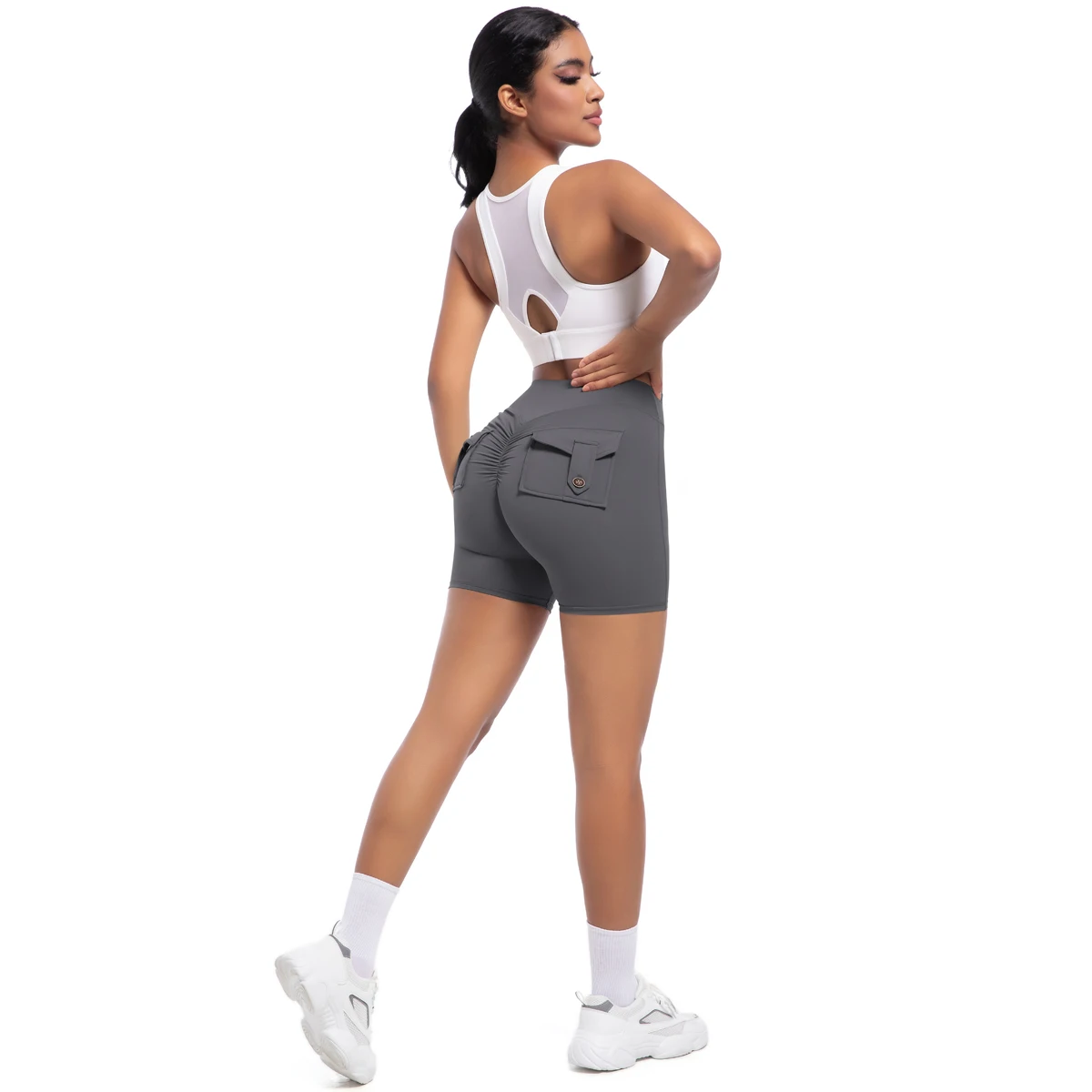 

1PC Soild Color Workwear Pocket Yoga Shorts for Woman High Waist Hip Push Up Quick-Dry Summer Fitness Running Short With Pockets