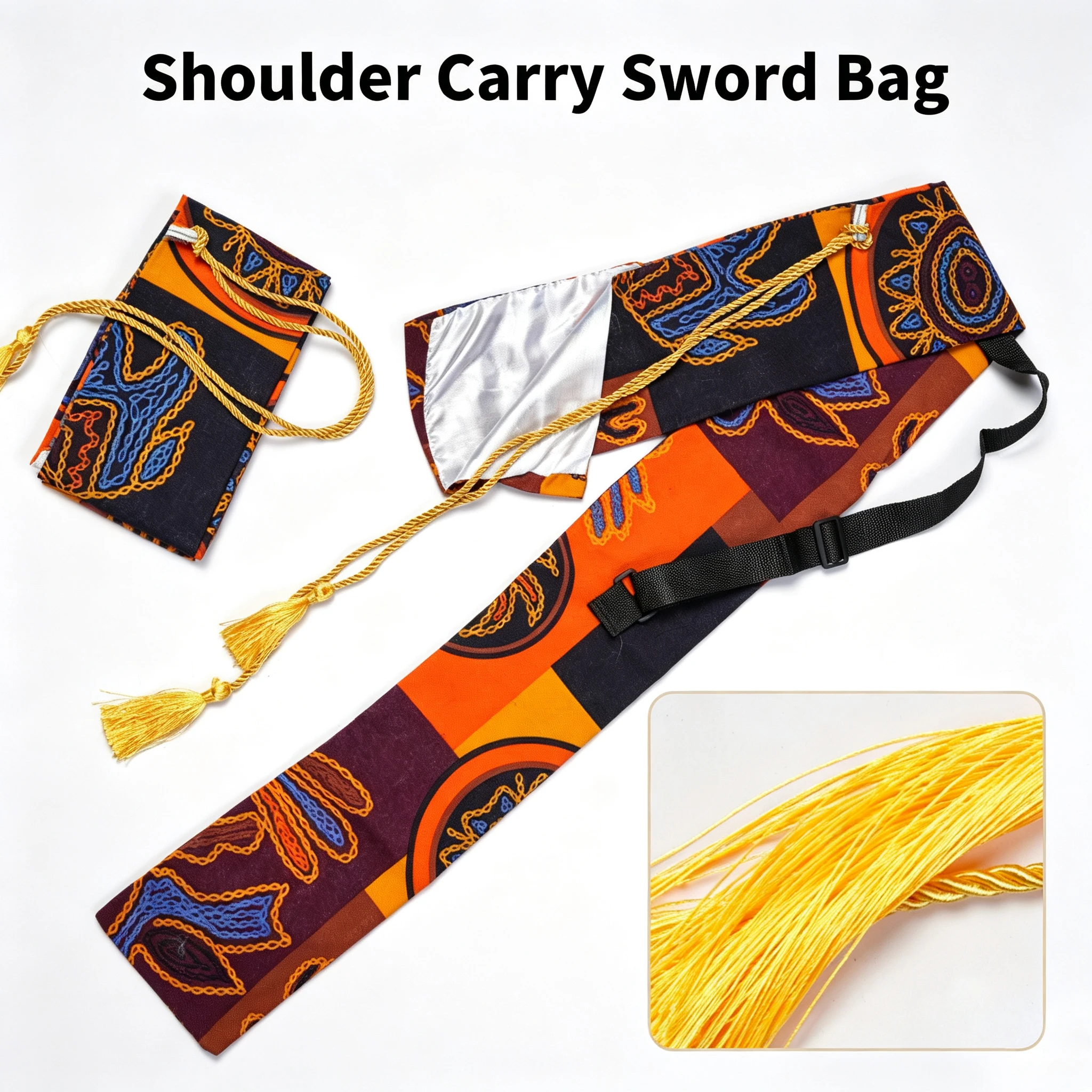 Oriental Retro Pattern Craft Storage Bag With Adjustable Shoulder Strap & Tassel Portable Drawstring Carrying Sleeve For Katana view 4