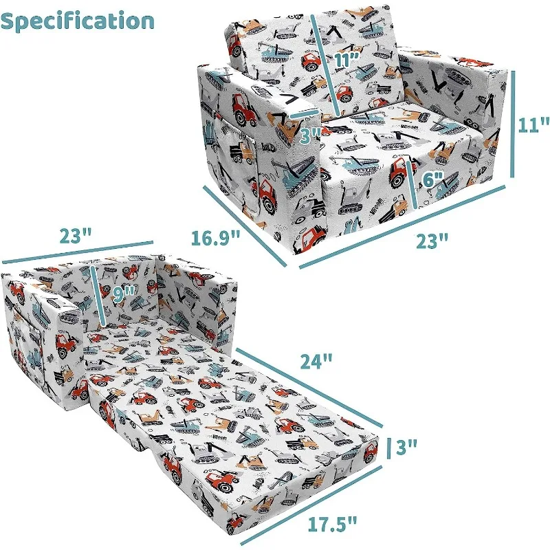 Детский 2-в-1 диван-трансформер для очень мягкого открывающегося кресла с откидной крышкой и спального места, грузовик экскаватор автомобиль с принтом для малышей