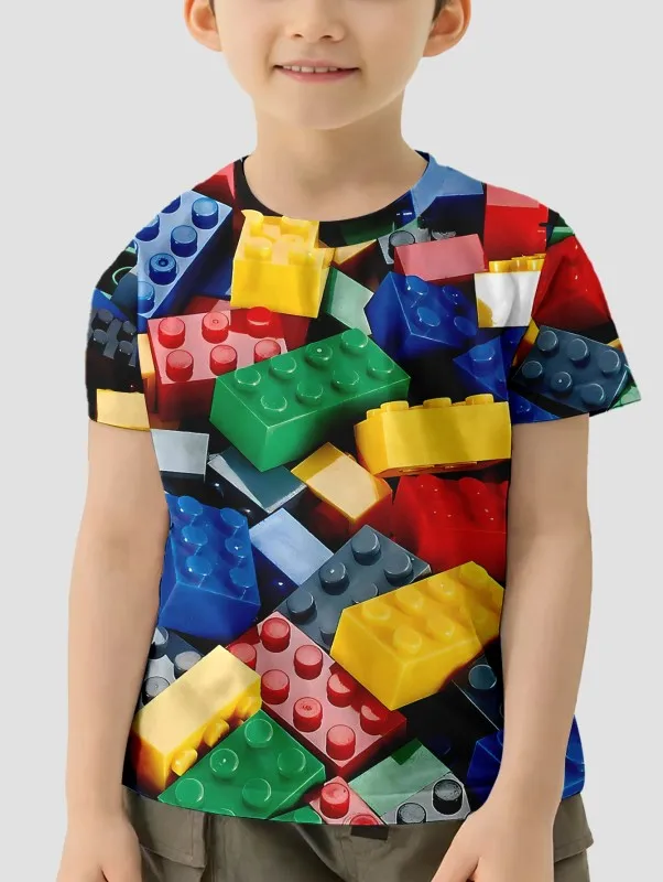 Colorful Lego 3D Printed T-Shirt For Boys Kids Clothes Children\'s Boy\'s Clothing Tops Real Madrid Shirt Top Shirts Short Sleeve