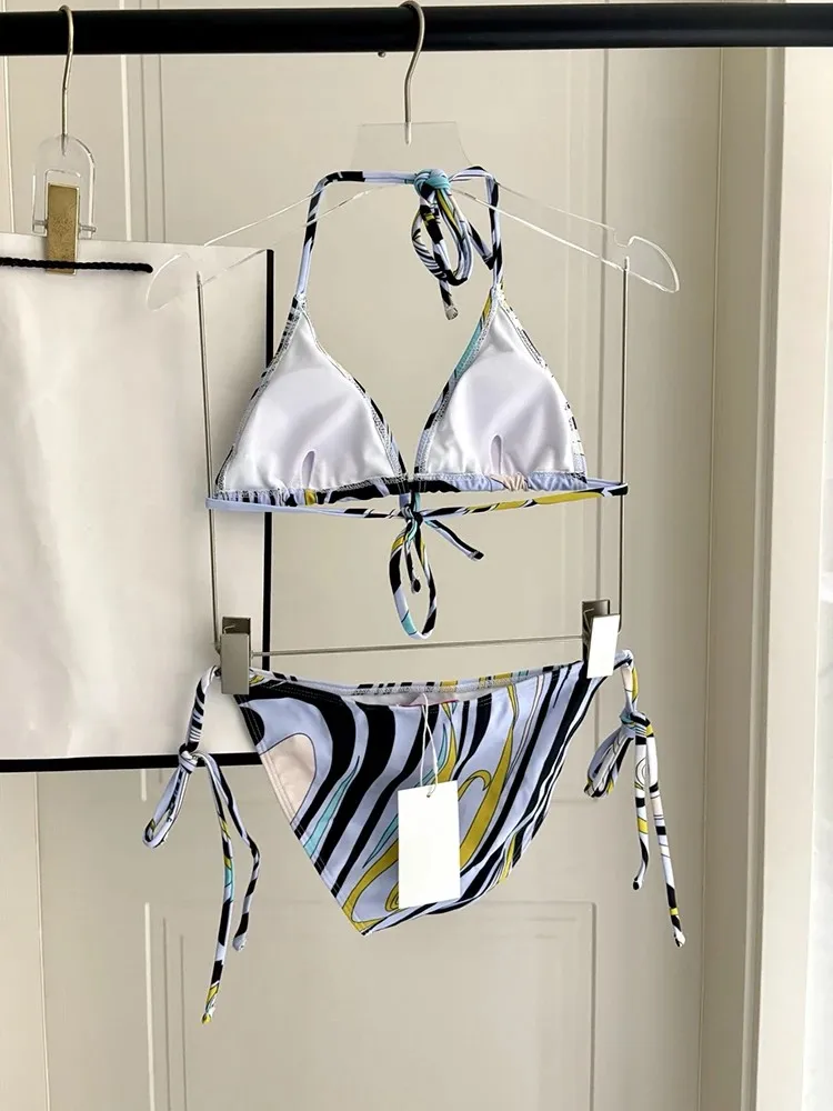 Summer Beach Party Fashion Sexy Geometric Print Bikini Set Women's Spaghetti Strap Ultrashort Tops+Low-waist Slim Shorts