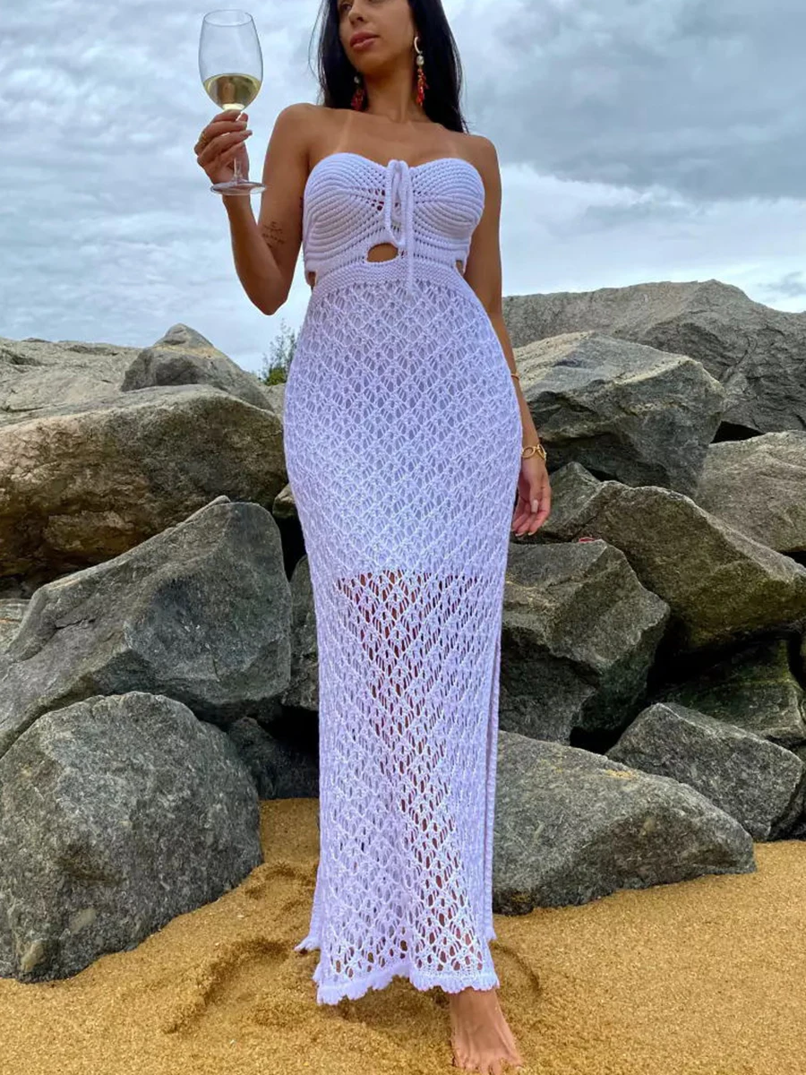 2024 Crochet Cover Up Beach Knitted Mesh Sexy Bandeau Maxi Dress Women Summer Dress Solid Bikinis Cover-ups Halter Beachwer New