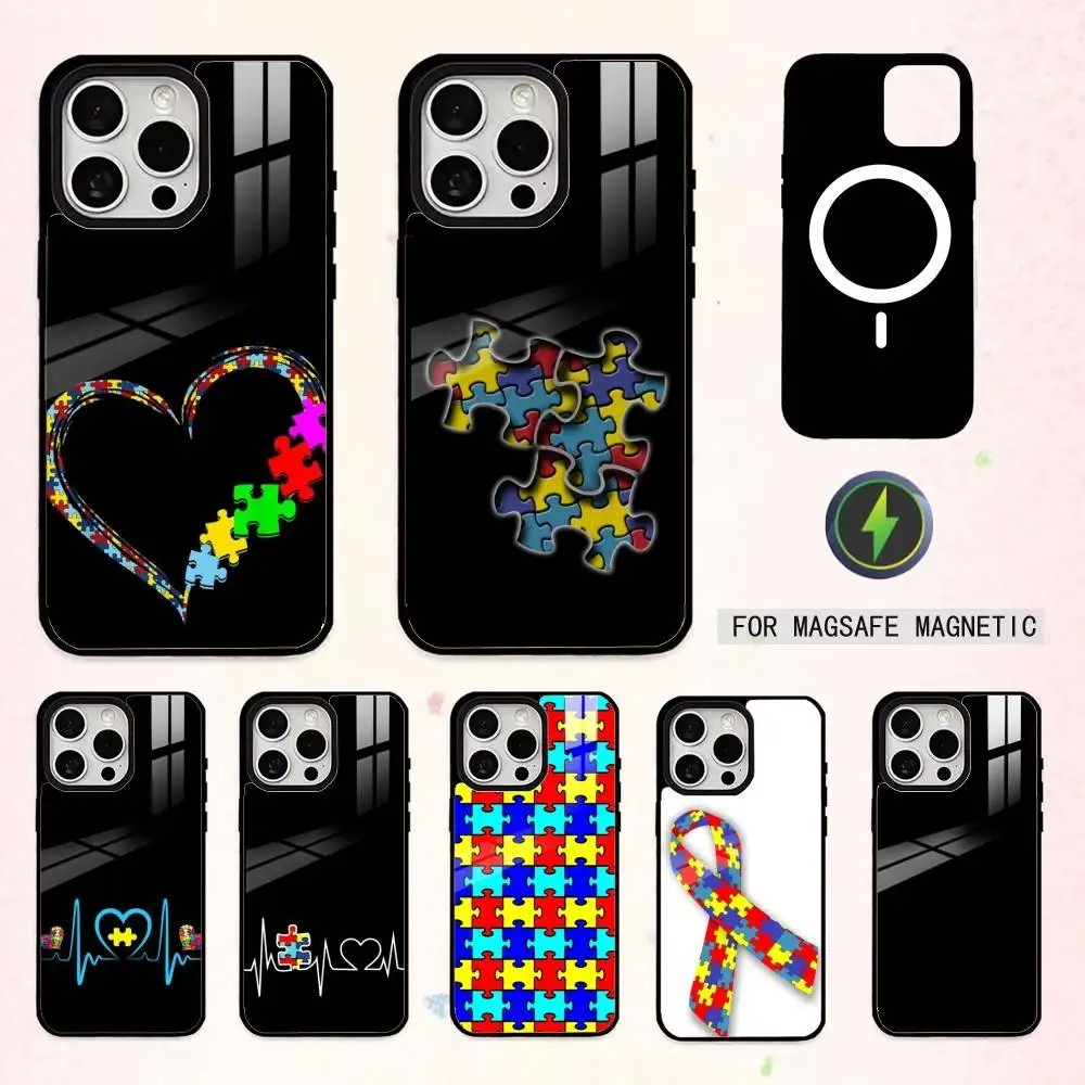 

Autism Support Puzzle Phone Case For iPhone17,16,15,14,13,12,11 Plus,Pro Max Magnetic For Magsafe Wireless Charging