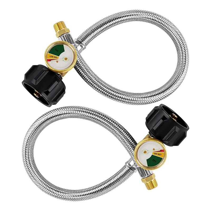 2 Pack 15 Inch RV Propane Hose With Gauge For 5-40Lb Tanks - Stainless Braided Propane Hose Quick Connect