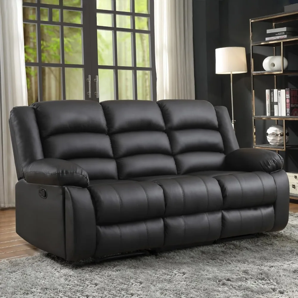 Leather Manual Reclining Sofa with 2 Concealed Cup Holders,Overstuffed Armrest 3 Seat Recliner Sofa, Couch for Living Room