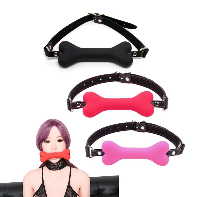 Sexy PU Leather Buckle Straps Silicone Dog Bone oral fixation Mouth Gag for couple Slave BDSM Toys adult games restraints estim