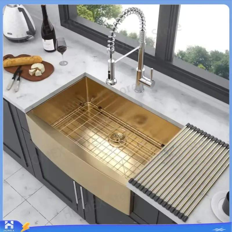Modern Gold Kitchen Sink Single Bowl 304 Stainless Steel Farmhouse Apron Front with Drain Board 36x21 Inch Undermount Laundry