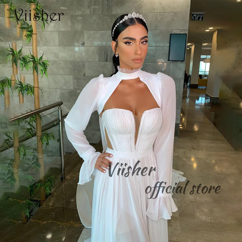 

Viisher Simple Chiffon Wedding Dresses Long Sleeve Corset Sweetheart Bride Dress with Tops Israel Wedding Bridal Gowns