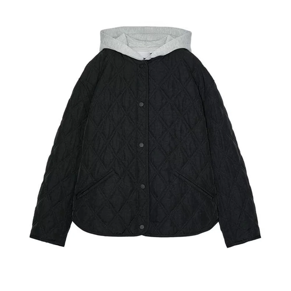 Chaqueta de algodón de manga larga con cuello redondo y capucha desmontable, versátil e informal para mujer