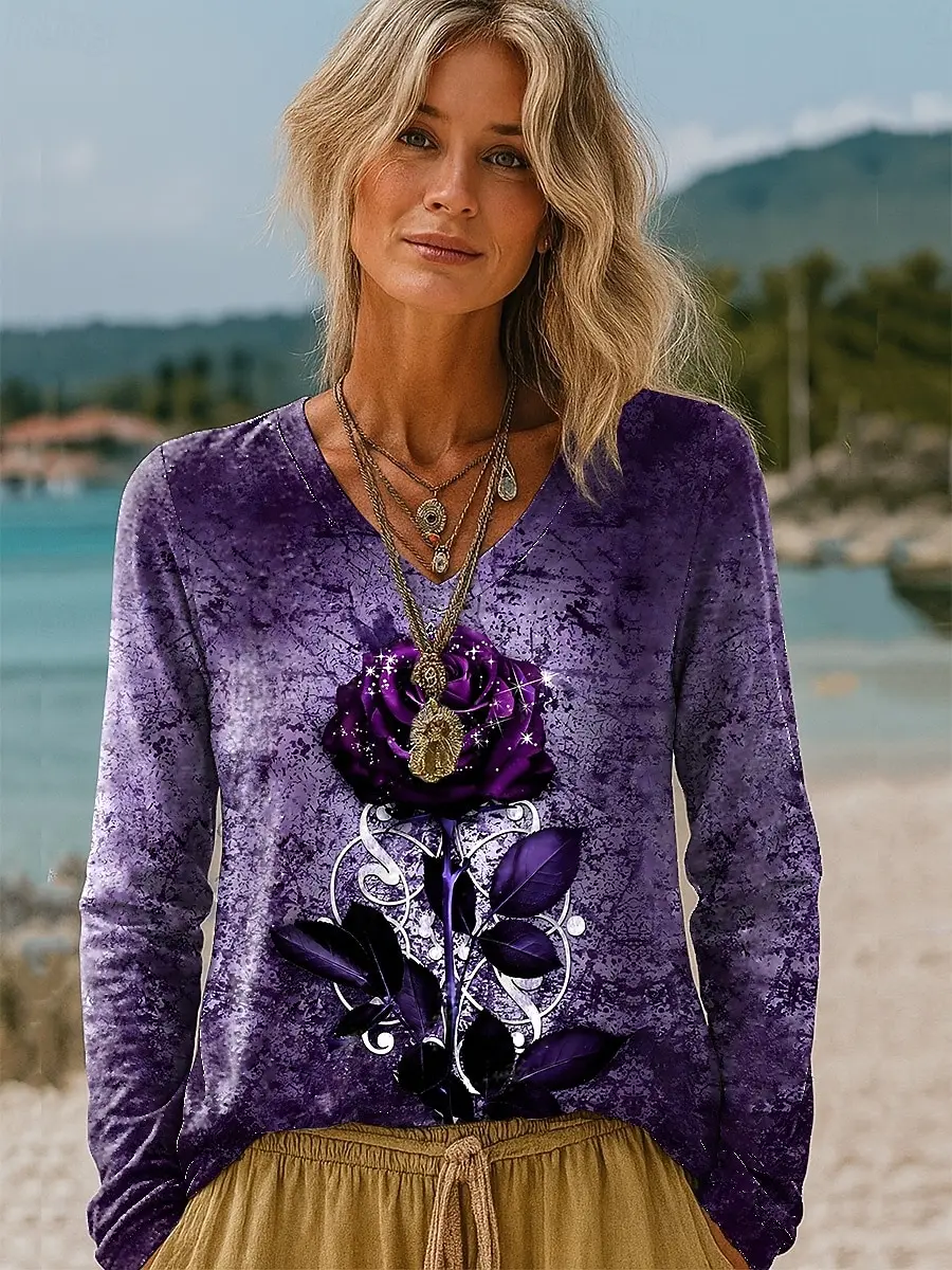 

Women's Retro T-Shirts Floral Graphic Tees Fashion Stylish Long Sleeve T-shirts V-Neck Regular Tops Casual Pullover For Fall
