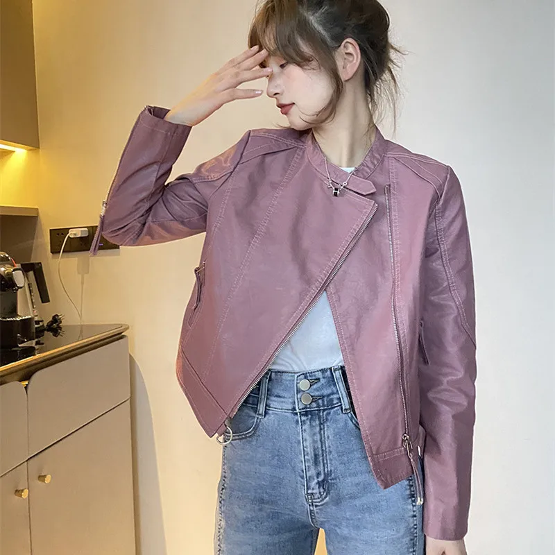 Spring Fall Women Slim Short Pink Faux Leather Jacket Stand Collar Zipper Long Sleeve Washed PU Motorcycle Jacket Female Outwear