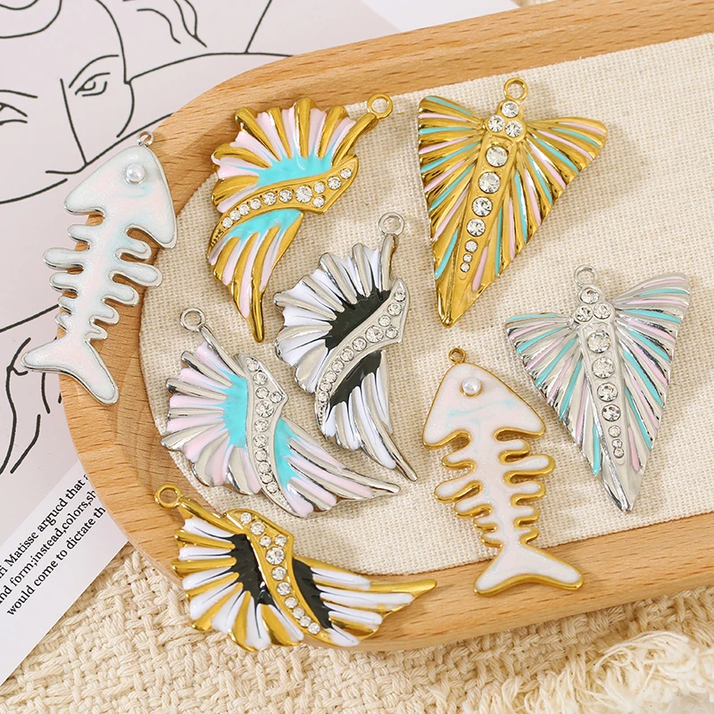 2pcs Stainless Steel Retro Ocean Style Enamel Charm Fishtail Fishbone Pendants for Women DIY Necklace Earrings Jewelry Making