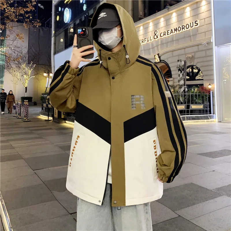 2024 New Men Clothing Men's Jacket Patchwork Fashion Striped Hooded Coat Outdoor Male Clothing Sports Zipper Casual Men Top