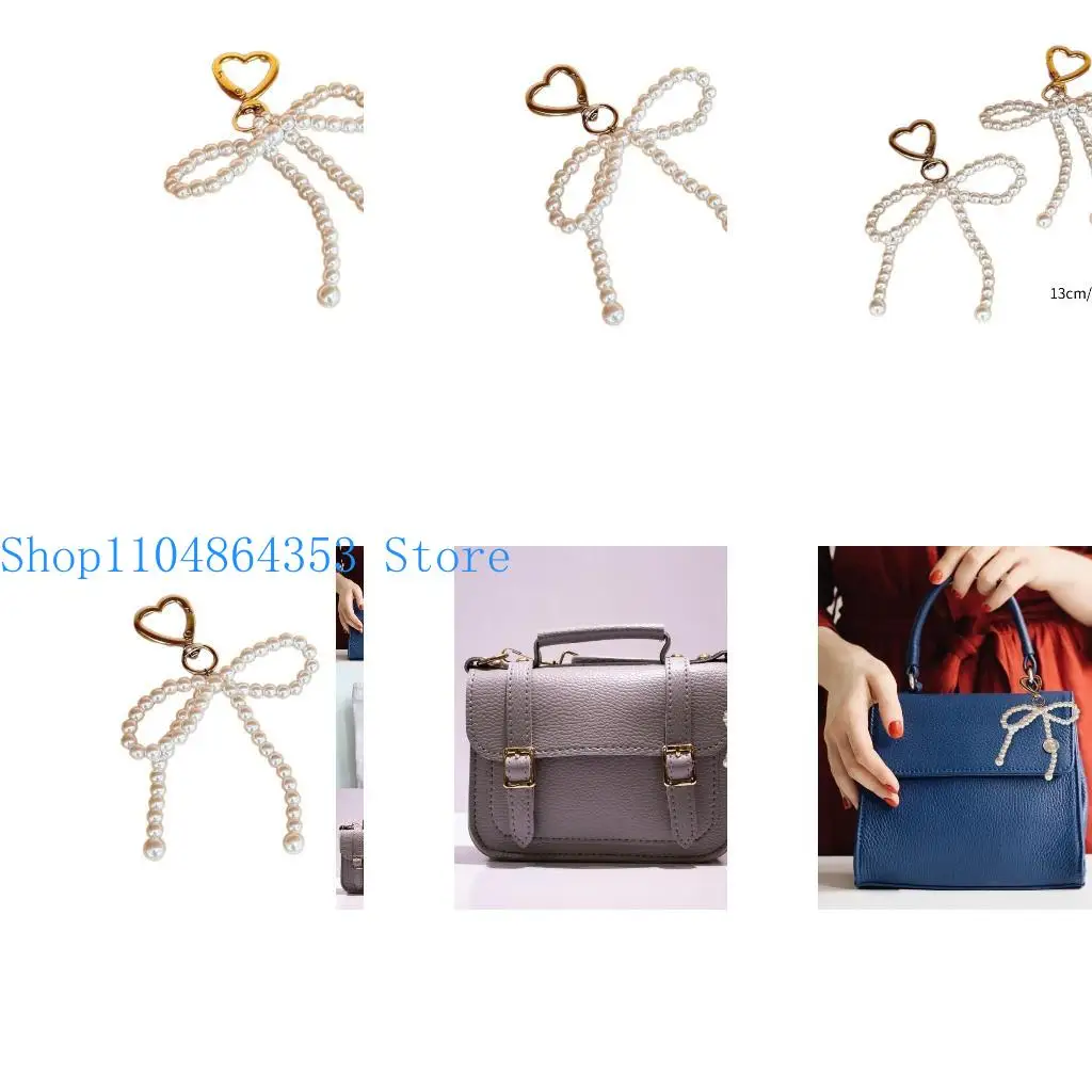 652F Fashion Pearl Bowknot Heart Cheychain Decorations Keyring Hanging Ornament