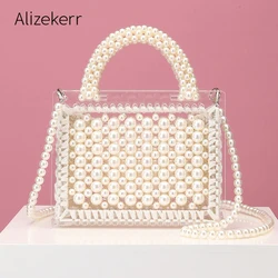 Luxury Acrylic Pearl Evening Clutch Bags Women Handmade Beaded Clear Purses And Handbags Ladies Woven Shoulder Bag Wedding Party