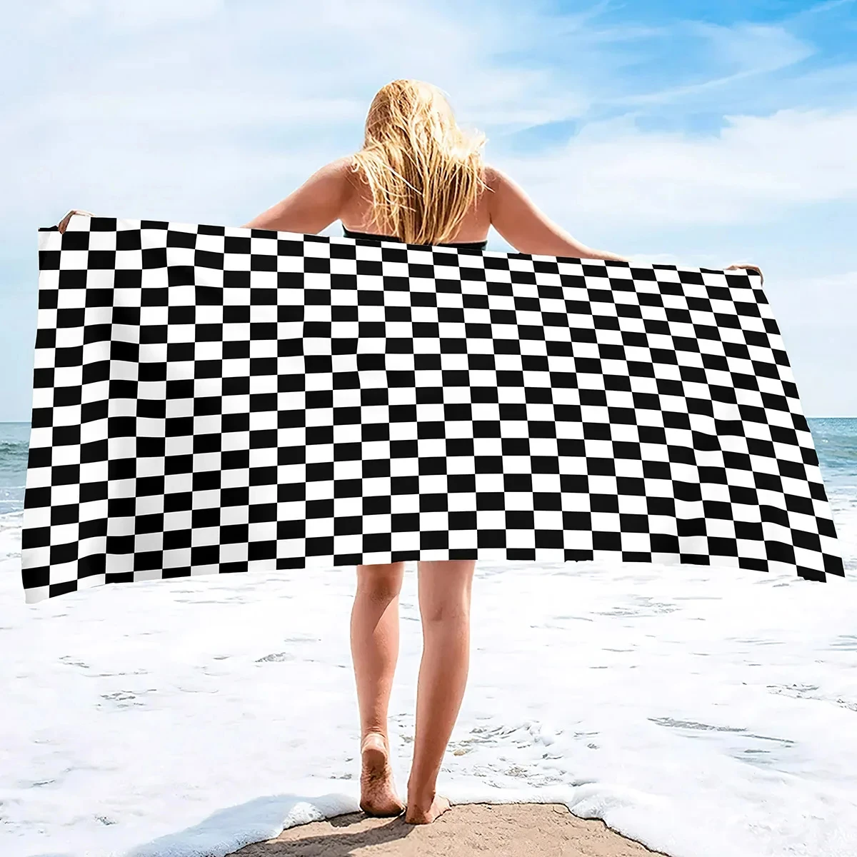 

Checkerboard Bath Towels Geometric Plaid Beach Towel Bathroom Sport Bar Towel for Adult Kids Microfiber Quick Dry Swimming Cover