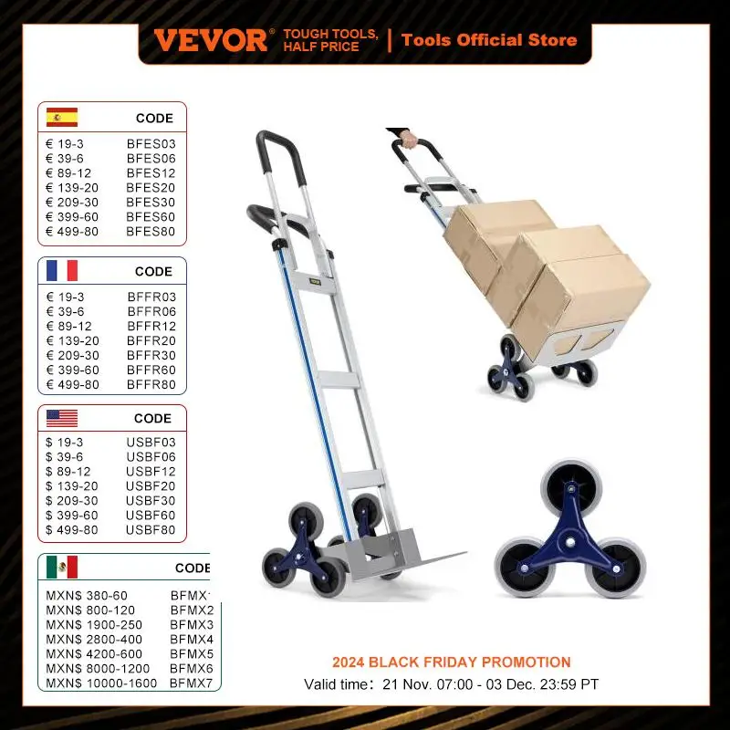 VEVOR 550/375/220lbs Stair Climbing Cart Folding Trolley Heavy Duty with Dual Handles Truck Frame for Warehouse Shopping Airport