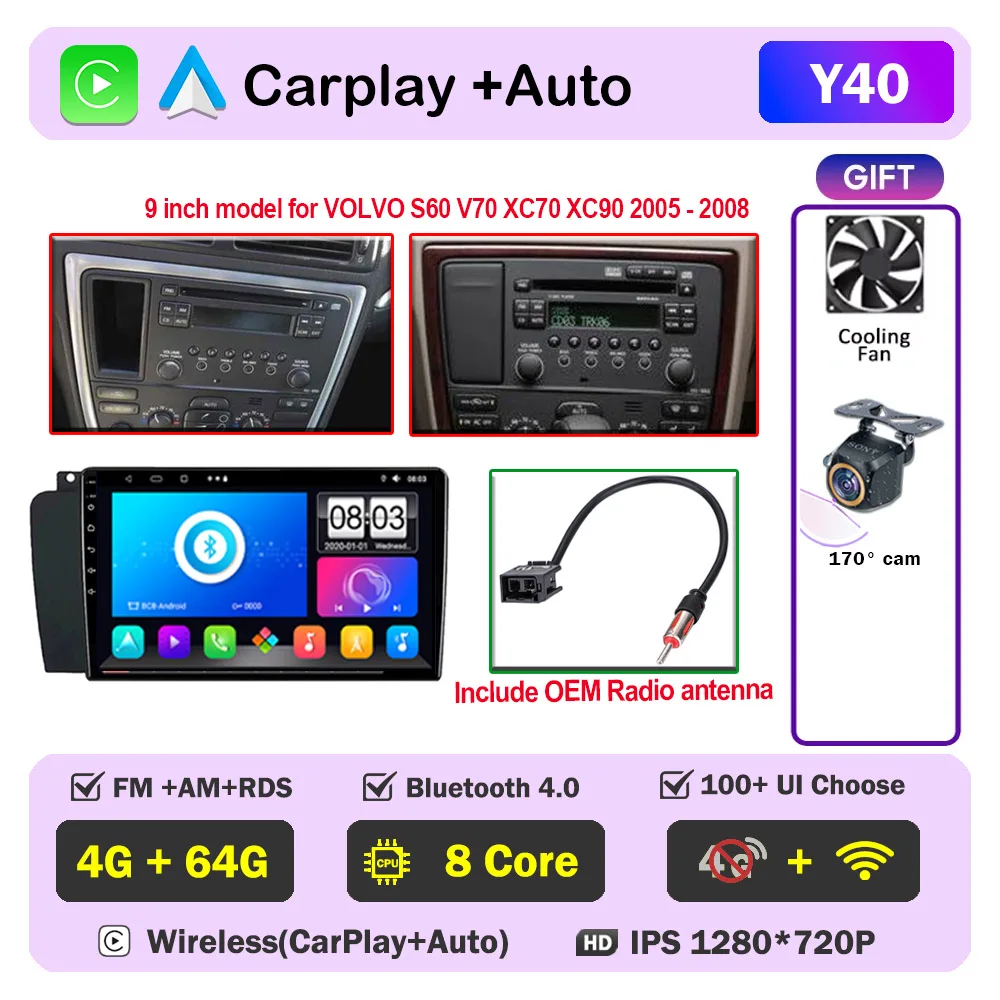Auto radio CarPlay voor Volvo XC70 V70 S60 2000-2009 Android Auto multimediaspeler stereo 8-core autoradio DSP 5G WIFI scherm DVD