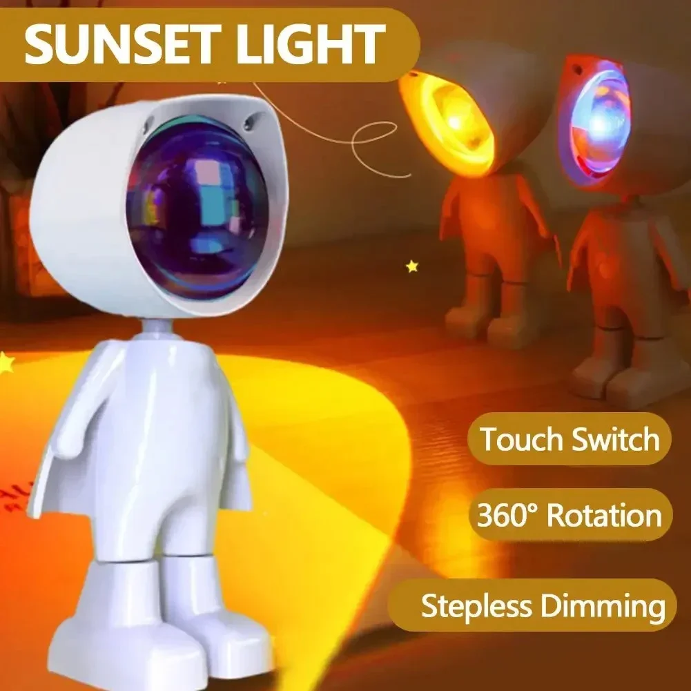 

Rechargeable Astronaut Robot Table Night Light with Rainbow Projection Sunset Lamp Infinite Dimming Bedroom Atmosphere Lamp