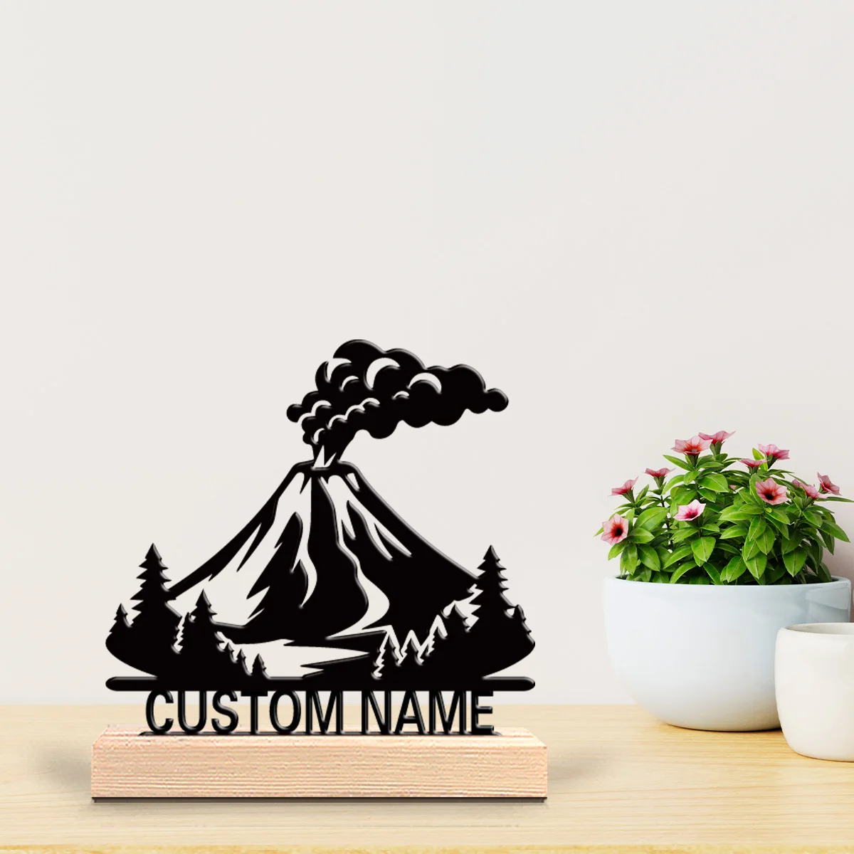 1 pièce Statue en métal personnalisée avec motif éruption volcanique, Figurine décorative en fer avec base en bois, Sculpture en fer pour table de chambre