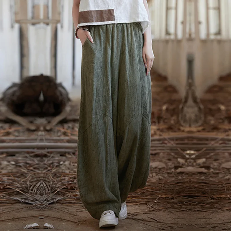 

Pop Elegant Women's Cotton Linen Baggy Cargo Pants Vintage Elastic Waist Yoga Trousers Loose Casual Long Wide Leg Oversize Cloth