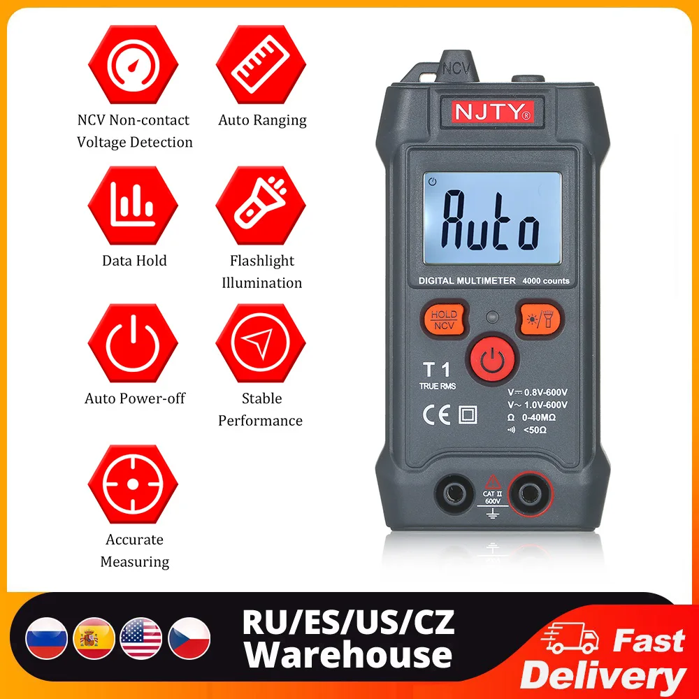 NJTY Mini LCD Digital Multimeter Auto Range NCV 4000 Counts True RMS Smart Universal Tester 600V Voltmeter Ohm Voltage Tester