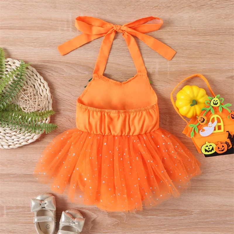 2023-07-22 Lioraitiin 0-24M neonate neonate Halloween body Dress Pumpkin Pattern senza maniche Halter paillettes tuta gonna