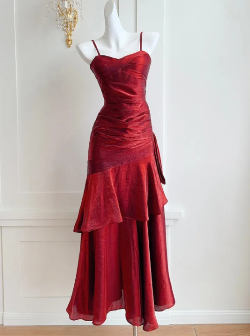 Vermelho em camadas babados vestido amarrado feminino elegante sem mangas roupas vintage senhora festa de férias streetwear chique vestidos bodycon