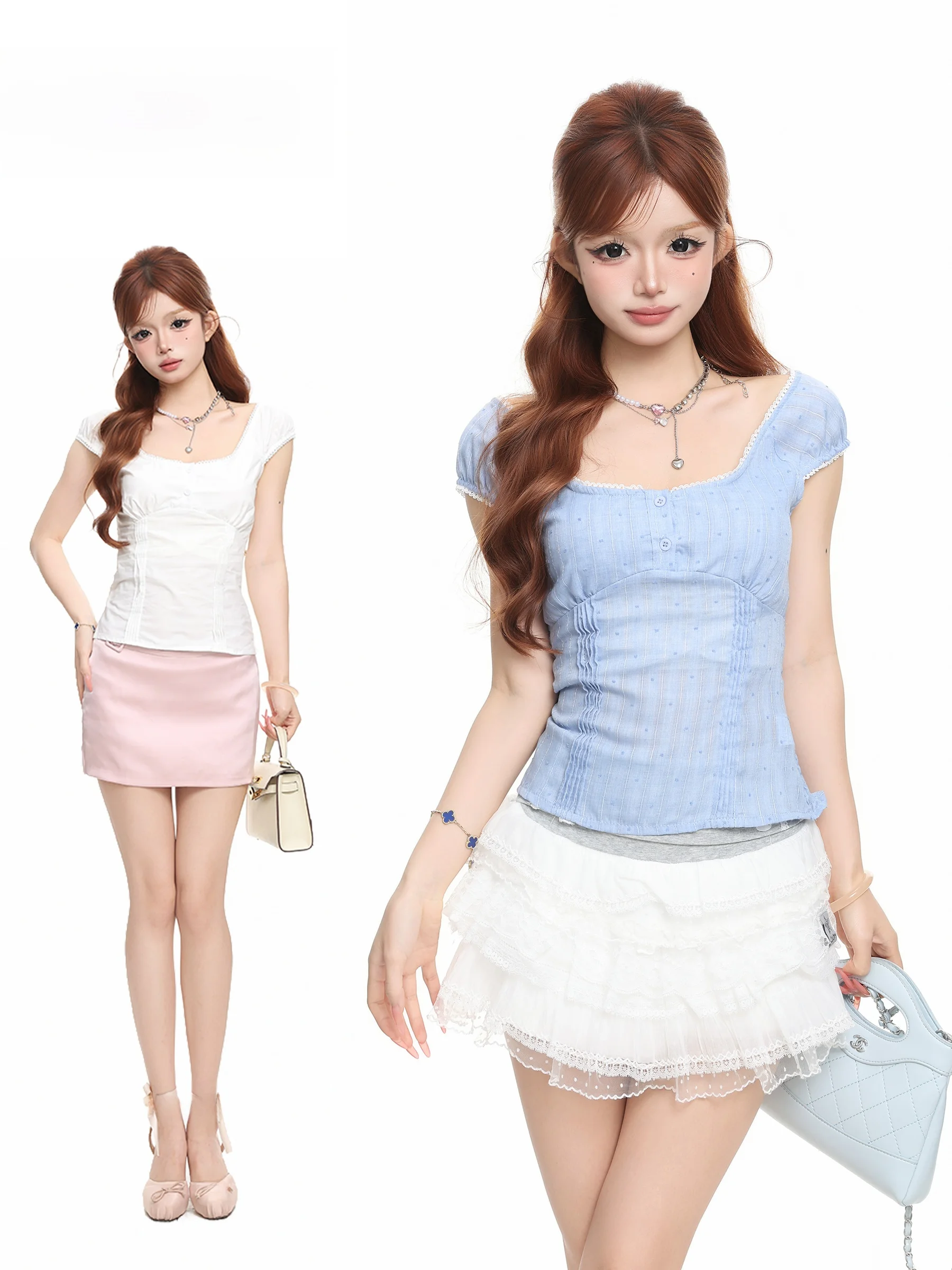 BASTERDS Korean Style Lace Splice U-Neck Short Sleeve T-Shirt Women Summer Pure Desire Spicy Waist-Cinching Top