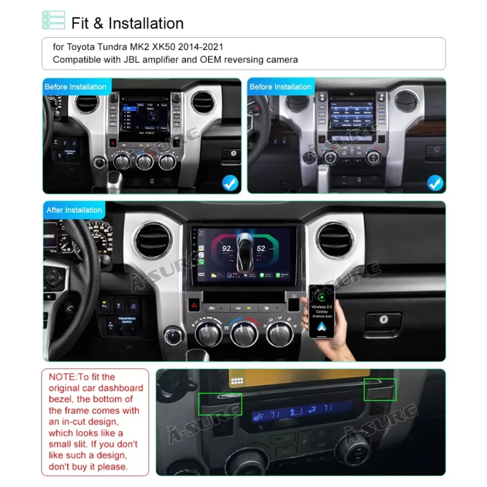 9 ''4 + 64 GB Per Toyota Tundra 2014-2021 Autoradio FM AM Android 13 Unità principale CarPlay Wireless