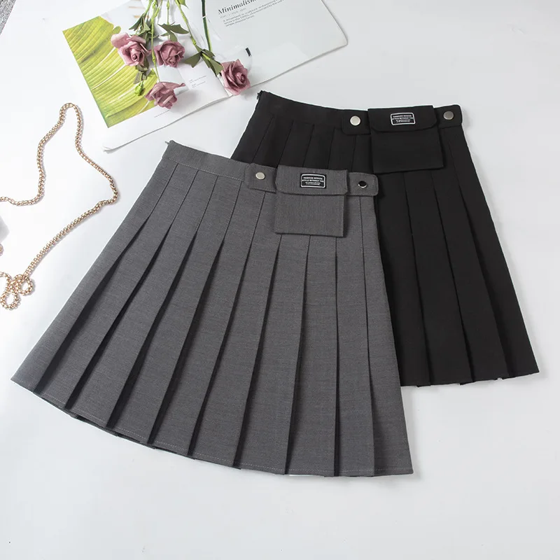 

Women's Spring and Autumn Black High Waist Short Skirt Pocket Thin A-line Small Suit Material Gray Pleated