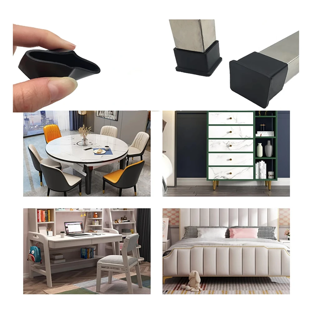 Black PVC Square/rectangular Soft Rubber Tube Cap, Table and Chair Foot Pad Protective Cover 10x10mm To 100x100mm