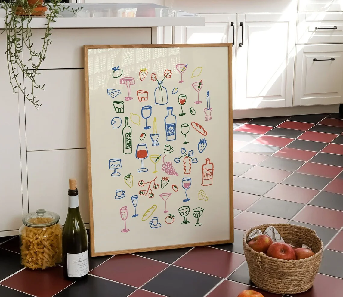 Retro Dinner Table Print, Food and Drinks Illustrations Poster, Maximalist Kitchen Gallery Wall Art, Apartment Decor, Bar Cart A