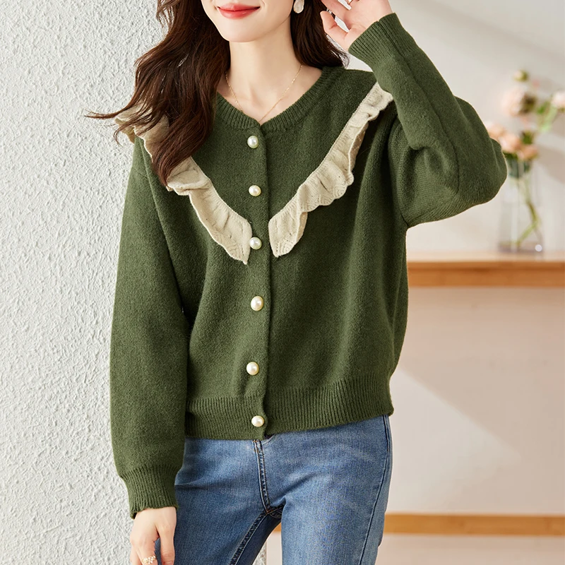 

QOERLIN Autumn Winter Warm Single-Breasted Cardigan Women Lace Patchwork Long Sleeve Knitted Sweater Loose Casual Tops Jacket