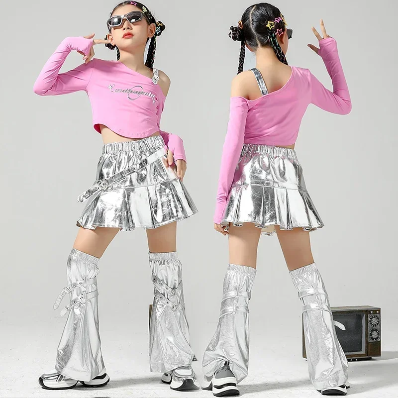 Traje de baile de Jazz Kpop para niñas, Tops rosas, falda plateada, traje de actuación de baile callejero para niños, Ropa de baile de Hip Hop