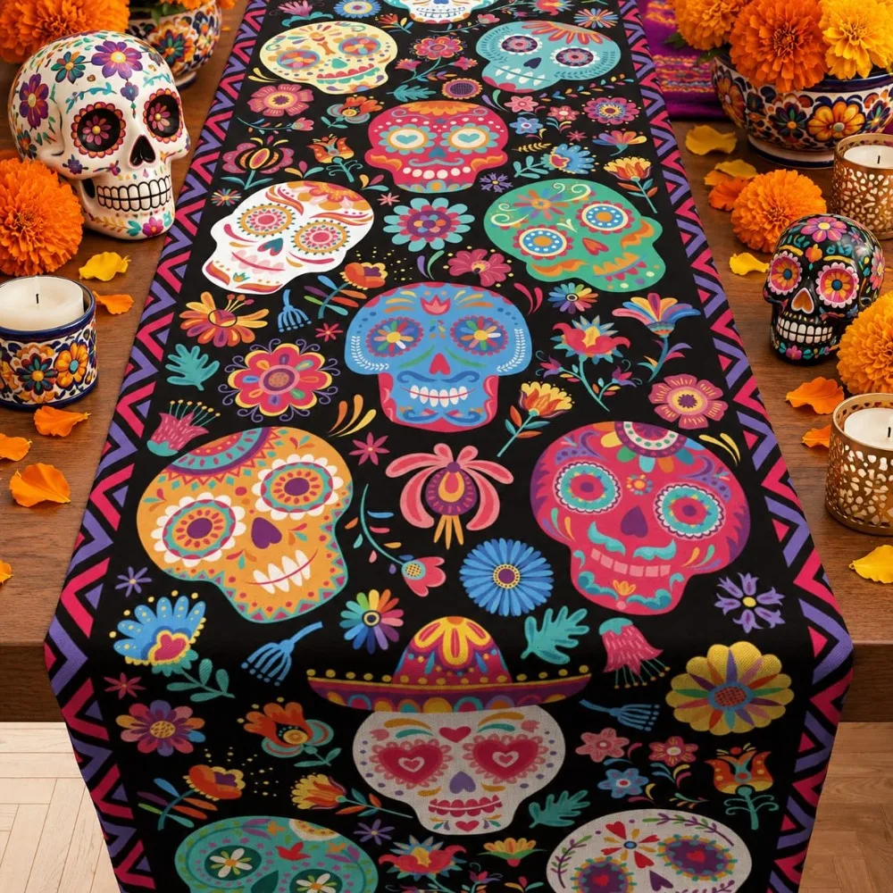 Gothic Table Runner Day of The Dead Sugar Skull Polyester Long Placemat Mexican Fiesta Flower Patterned Party Decor
